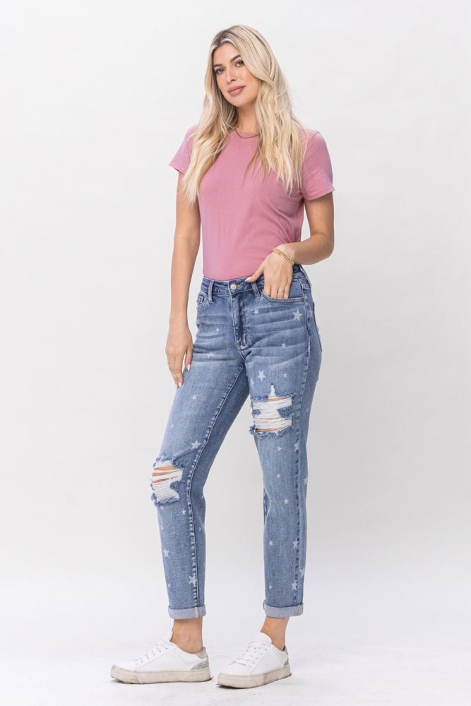 Judy Blue Mid Rise "Star Crossed" Destroy & Roll Cuff Boyfriend Denim 88553 - Plus