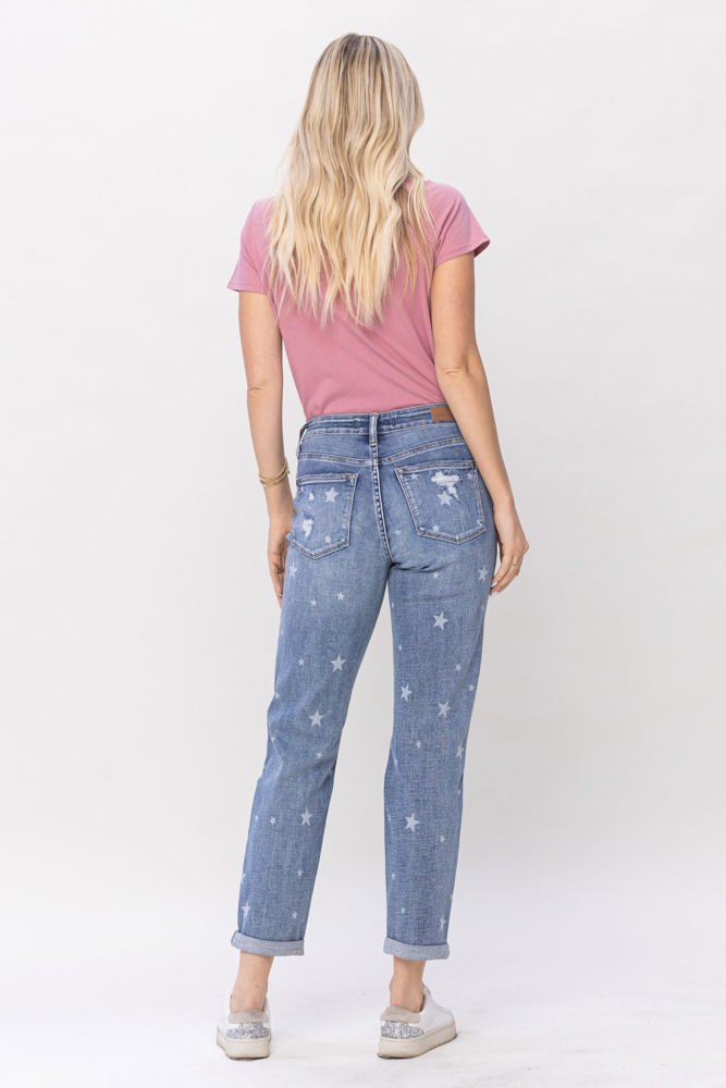 Judy Blue Mid Rise "Star Crossed" Destroy & Roll Cuff Boyfriend Denim 88553 - Plus