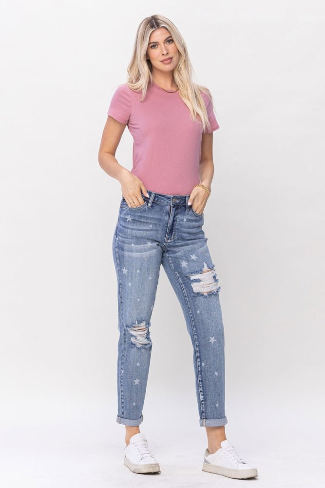 Judy Blue Mid Rise "Star Crossed" Destroy & Roll Cuff Boyfriend Denim 88553 - Plus