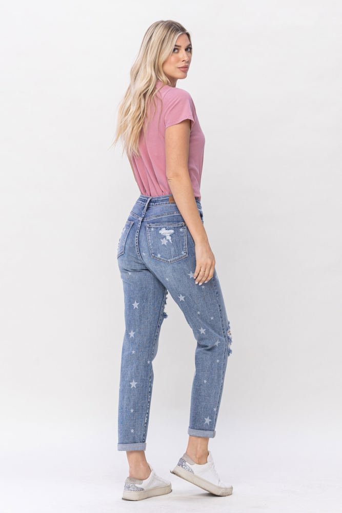 Judy Blue Mid Rise "Star Crossed" Destroy & Roll Cuff Boyfriend Denim 88553 - Plus