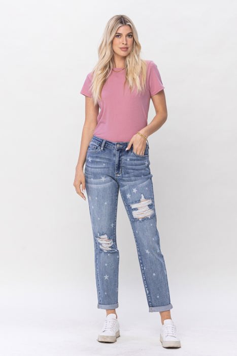 Judy Blue Mid Rise "Star Crossed" Destroy & Roll Cuff Boyfriend Denim 88553