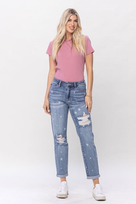 Judy Blue Mid Rise "Star Crossed" Destroy & Roll Cuff Boyfriend Denim 88553