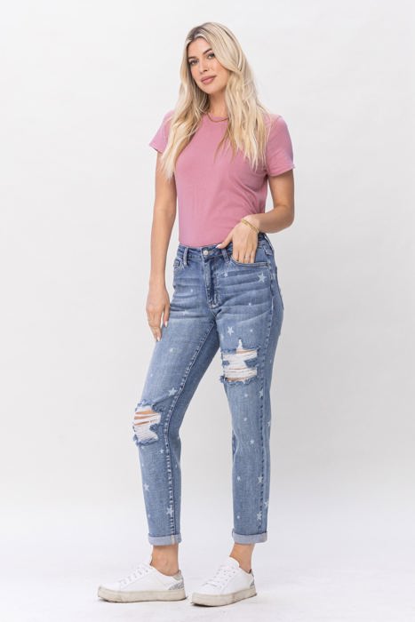 Judy Blue Mid Rise "Star Crossed" Destroy & Roll Cuff Boyfriend Denim 88553