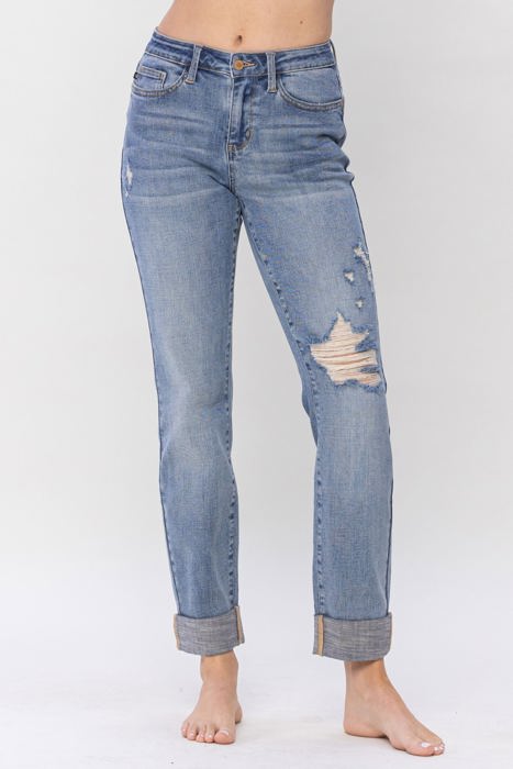 Judy Blue Mid Rise Knee Destroyed Cuffed Long Boyfriend Denim 88605 - Plus