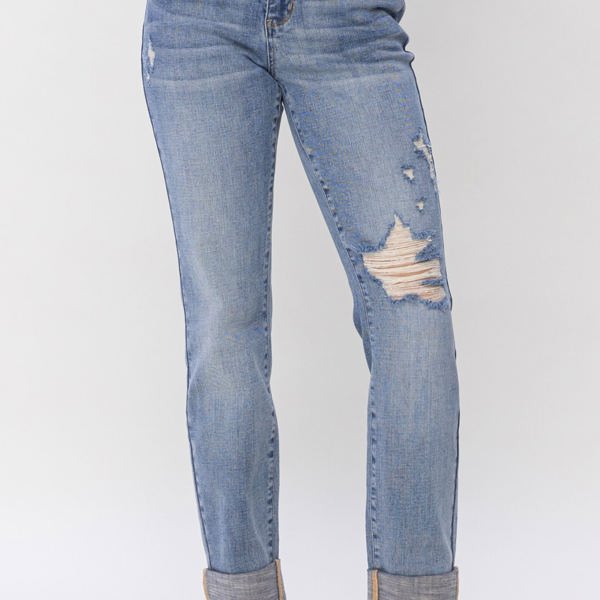 Judy Blue Mid Rise Knee Destroyed Cuffed Long Boyfriend Denim 88605 - Plus