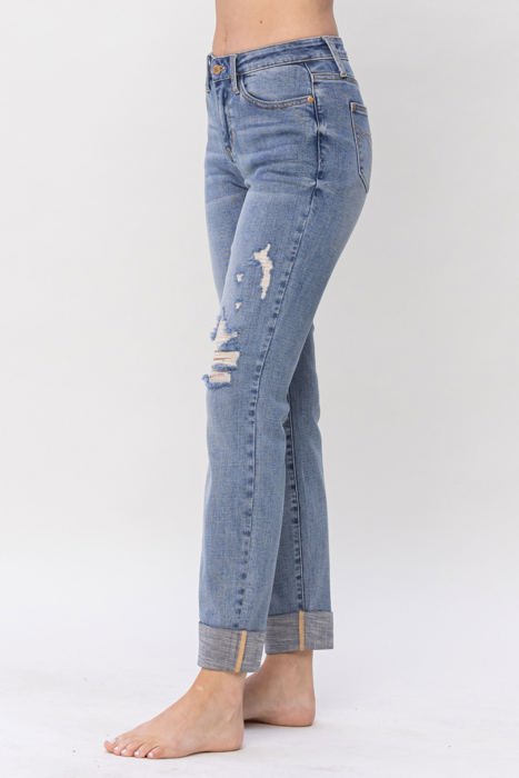 Judy Blue Mid Rise Knee Destroyed Cuffed Long Boyfriend Denim 88605 - Plus