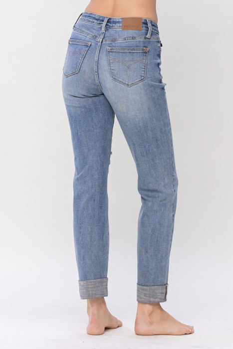 Judy Blue Mid Rise Knee Destroyed Cuffed Long Boyfriend Denim 88605 - Plus