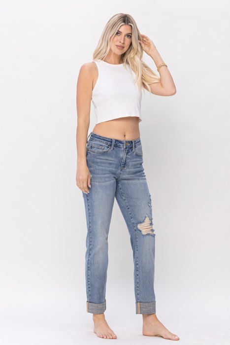 Judy Blue Mid Rise Knee Destroyed Cuffed Long Boyfriend Denim 88605 - Plus