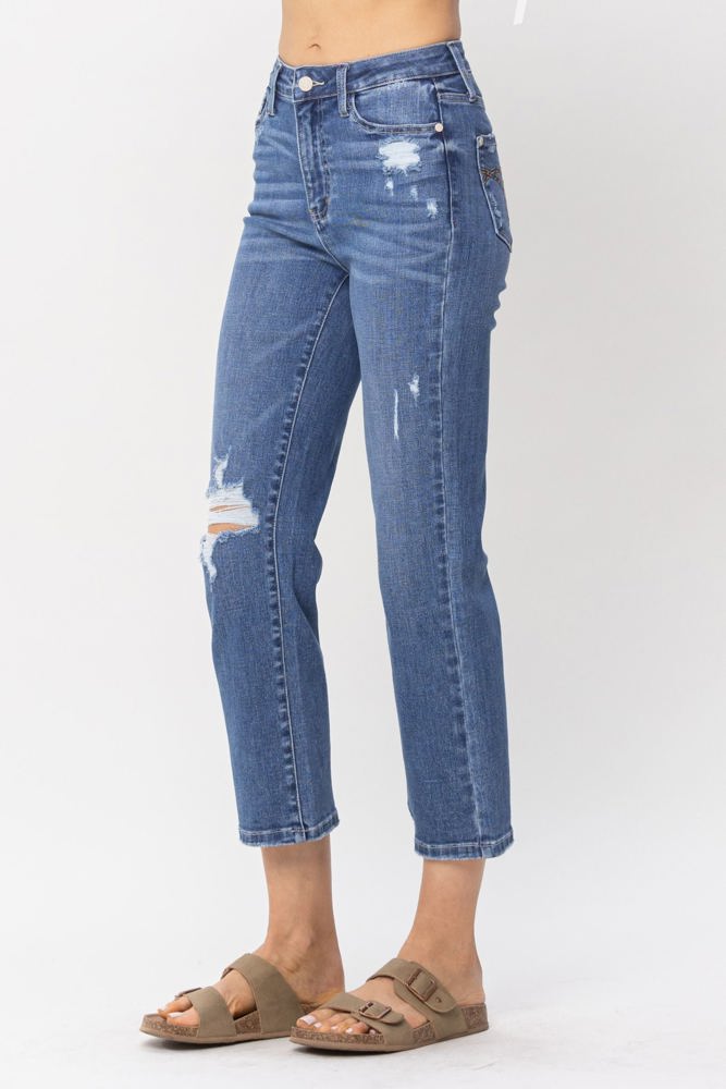 Judy Blue High Waist Destroy and Pocket Hem Embroidery Ankle Straight Denim 88610