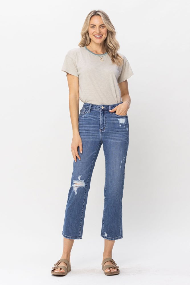 Judy Blue High Waist Destroy and Pocket Hem Embroidery Ankle Straight Denim 88610