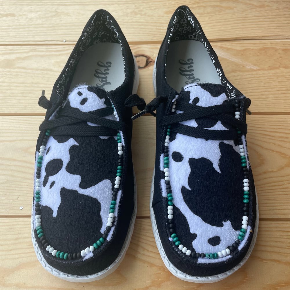 Gypsy Jazz "Clarissa" Black & White Cow Slip-on Shoes