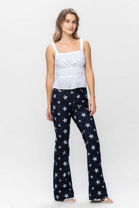 Judy Blue High Waist All Over Star Print Rinse Wash Flare Denim Jeans 88662