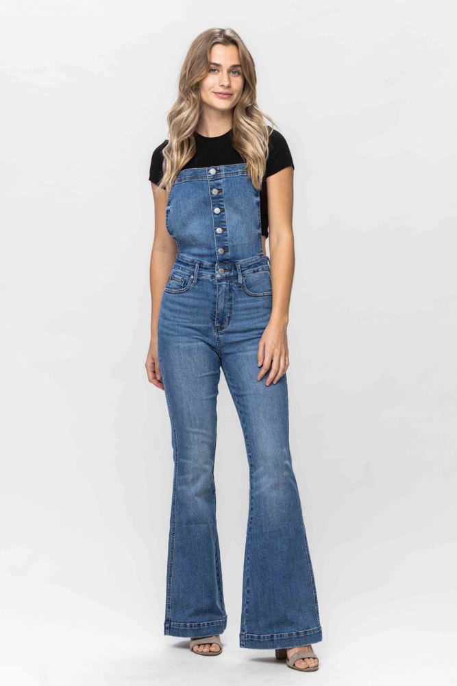 Judy Blue High Waist Tummy Control Top Flare Overall Denim 88614