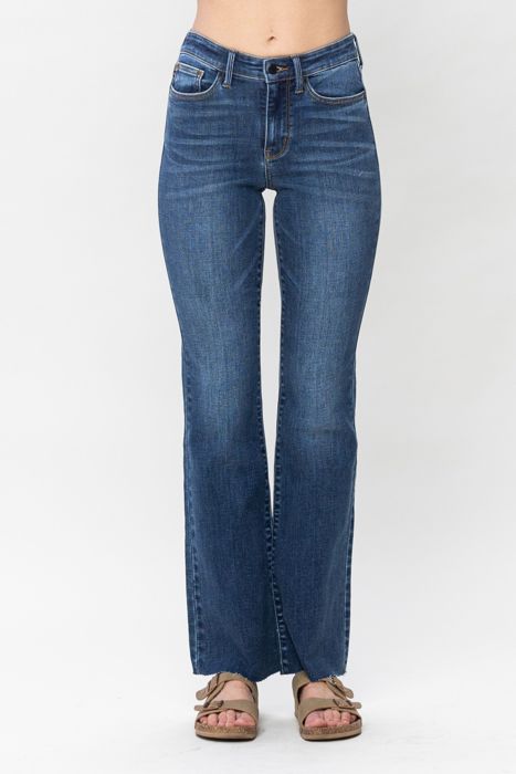 Judy Blue Mid Rise Harsh Contrast Wash and Cut Hem Bootcut Denim Jeans 82550