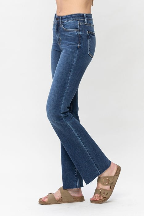 Judy Blue Mid Rise Harsh Contrast Wash and Cut Hem Bootcut Denim Jeans 82550