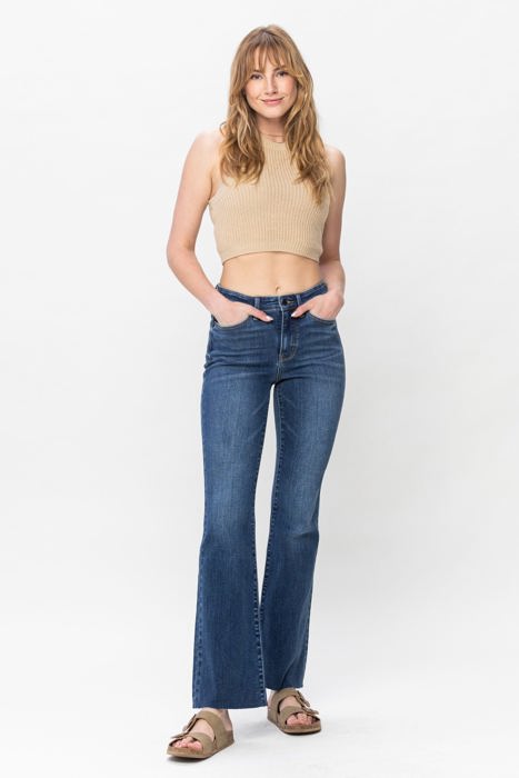 Judy Blue Mid Rise Harsh Contrast Wash and Cut Hem Bootcut Denim Jeans 82550