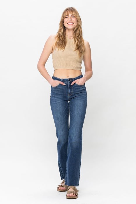 Judy Blue Mid Rise Harsh Contrast Wash and Cut Hem Bootcut Denim Jeans 82550