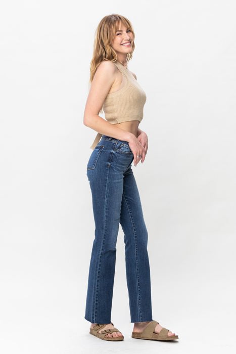 Judy Blue Mid Rise Harsh Contrast Wash and Cut Hem Bootcut Denim Jeans 82550