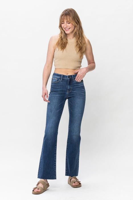 Judy Blue Mid Rise Harsh Contrast Wash and Cut Hem Bootcut Denim Jeans 82550