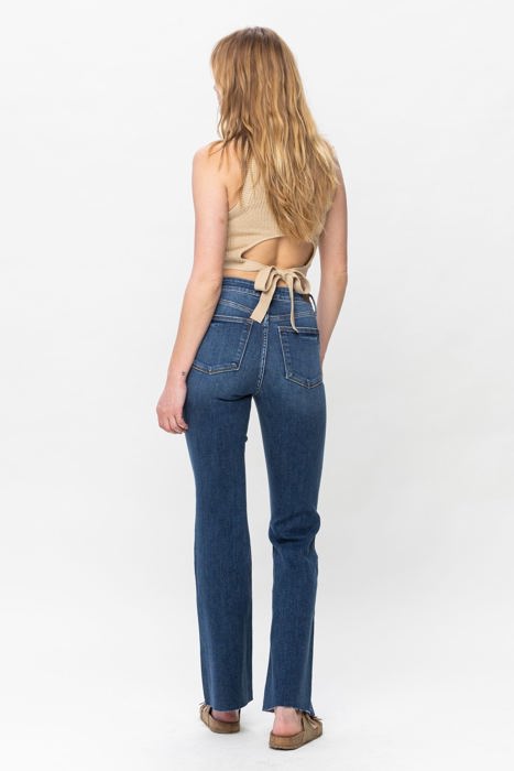 Judy Blue Mid Rise Harsh Contrast Wash and Cut Hem Bootcut Denim Jeans 82550