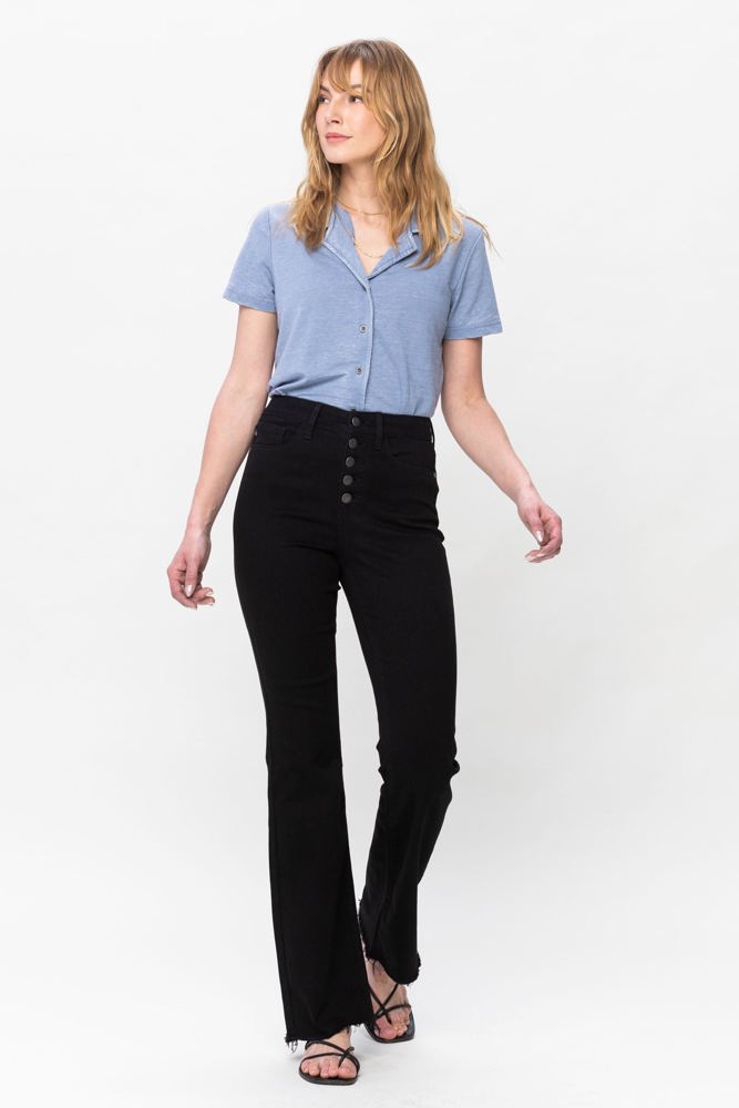 Judy Blue High Waist Black Button Fly Raw Hem Bootcut Denim 82570 - Plus