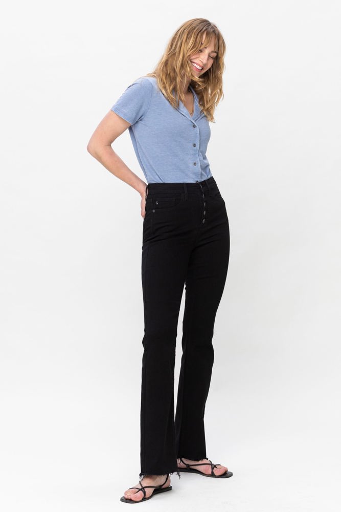 Judy Blue High Waist Black Button Fly Raw Hem Bootcut Denim 82570 - Plus