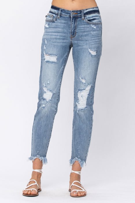 Judy Blue Destroyed Hem Bleach Splash Boyfriend Light Wash Mid Rise Denim Jeans 82155