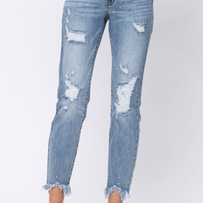 Judy Blue Destroyed Hem Bleach Splash Boyfriend Light Wash Mid Rise Denim Jeans 82155