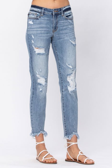 Judy Blue Destroyed Hem Bleach Splash Boyfriend Light Wash Mid Rise Denim Jeans 82155 - Plus