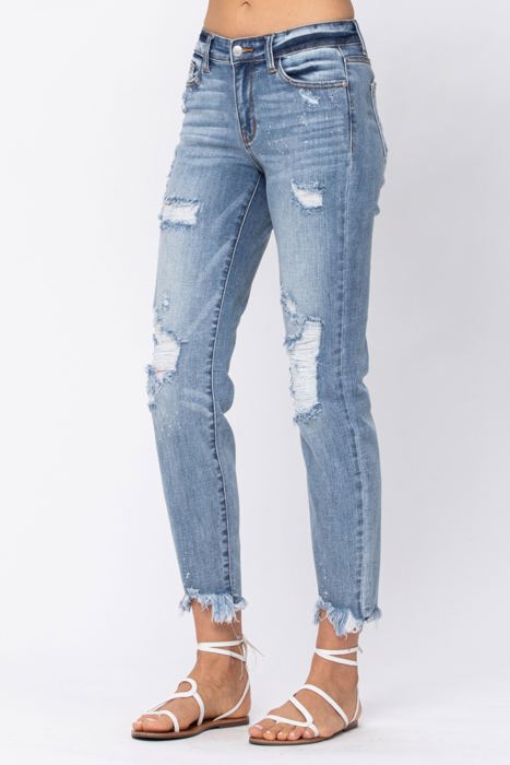 Judy Blue Destroyed Hem Bleach Splash Boyfriend Light Wash Mid Rise Denim Jeans 82155 - Plus