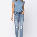  Judy Blue Destroyed Hem Bleach Splash Boyfriend Light Wash Mid Rise Denim Jeans 82155 - Plus