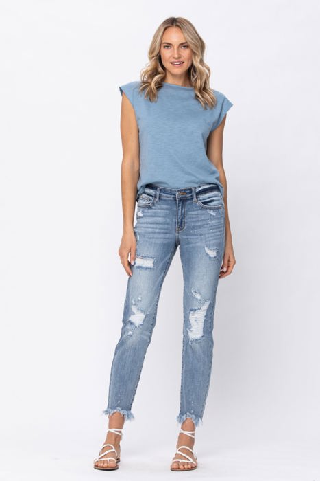 Judy Blue Destroyed Hem Bleach Splash Boyfriend Light Wash Mid Rise Denim Jeans 82155 - Plus