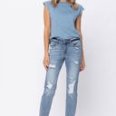  Judy Blue Destroyed Hem Bleach Splash Boyfriend Light Wash Mid Rise Denim Jeans 82155 - Plus