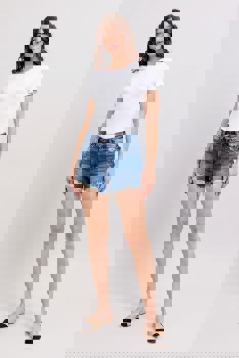 Judy Blue Mid Rise Double Button Destroyed Dad Denim Short 152103