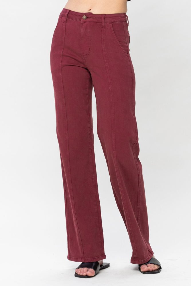 Judy Blue High Waist Garment Dyed Burgundy Front Seam Straight Denim 88800