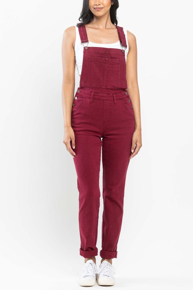 Judy Blue High Waist Garment Dyed Maroon Double Cuff Boyfriend Overall Denim 88712