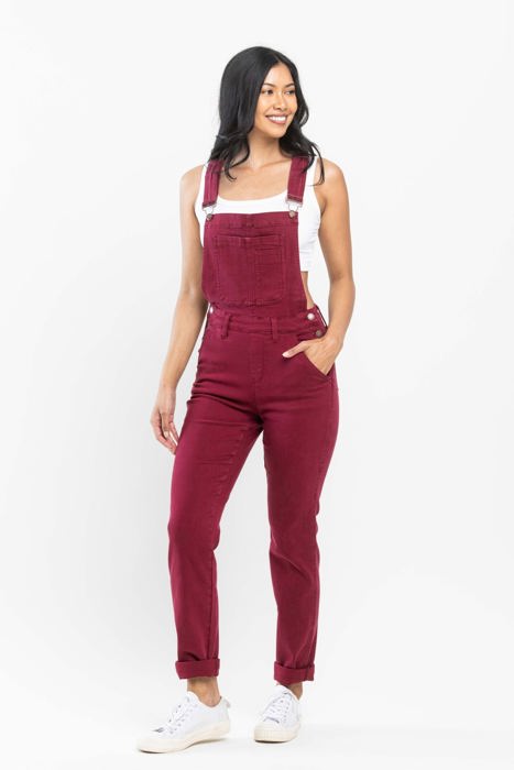 Judy Blue High Waist Garment Dyed Maroon Double Cuff Boyfriend Overall Denim 88712