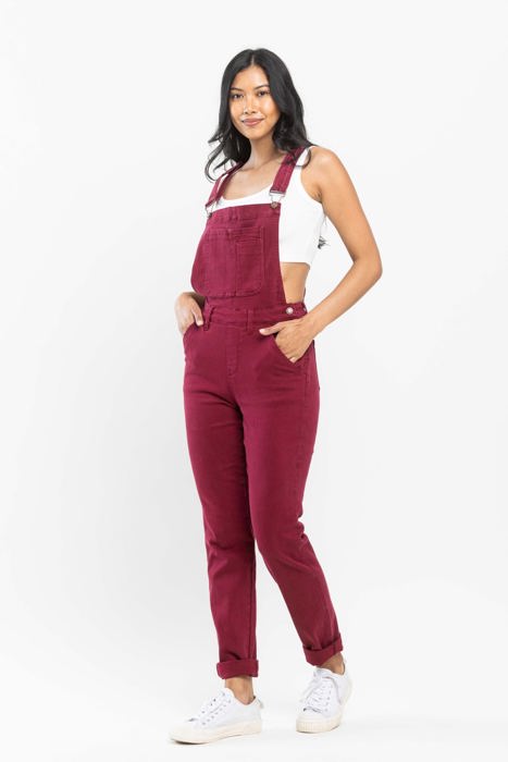 Judy Blue High Waist Garment Dyed Maroon Double Cuff Boyfriend Overall Denim 88712