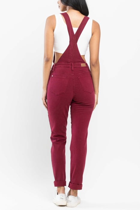 Judy Blue High Waist Garment Dyed Maroon Double Cuff Boyfriend Overall Denim 88712