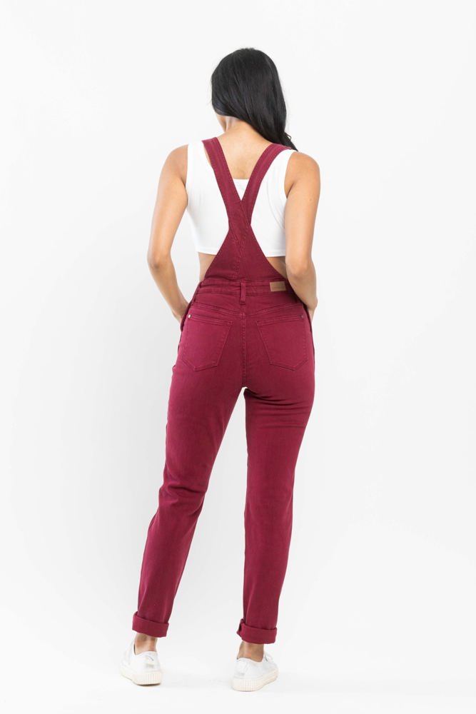 Judy Blue High Waist Garment Dyed Maroon Double Cuff Boyfriend Overall Denim 88712