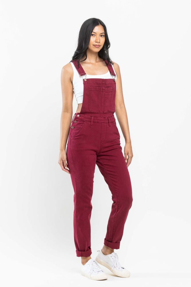 Judy Blue High Waist Garment Dyed Maroon Double Cuff Boyfriend Overall Denim 88712