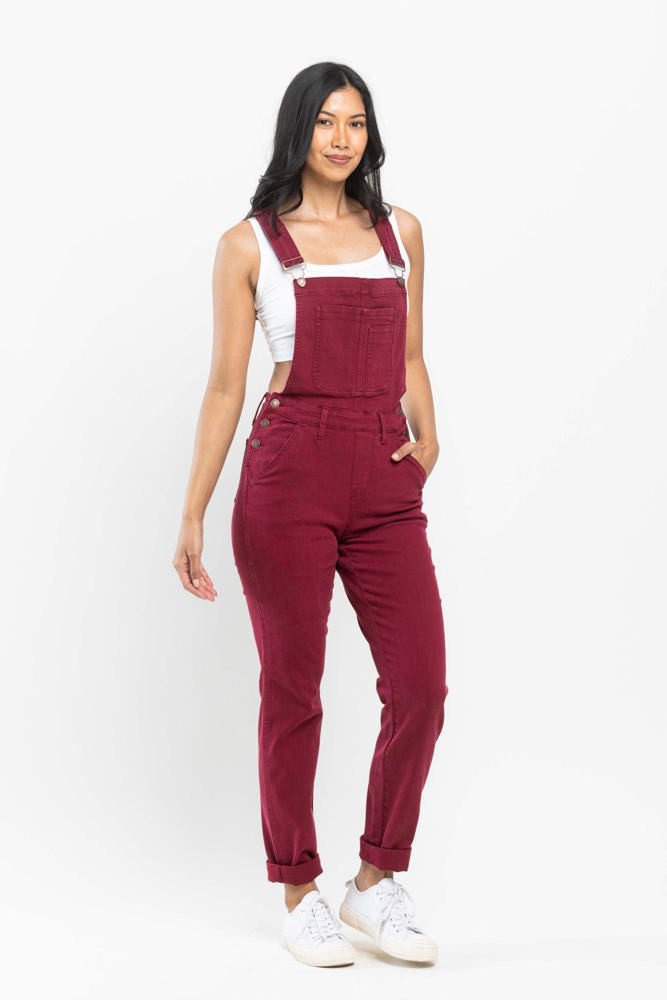 Judy Blue High Waist Garment Dyed Maroon Double Cuff Boyfriend Overall Denim 88712