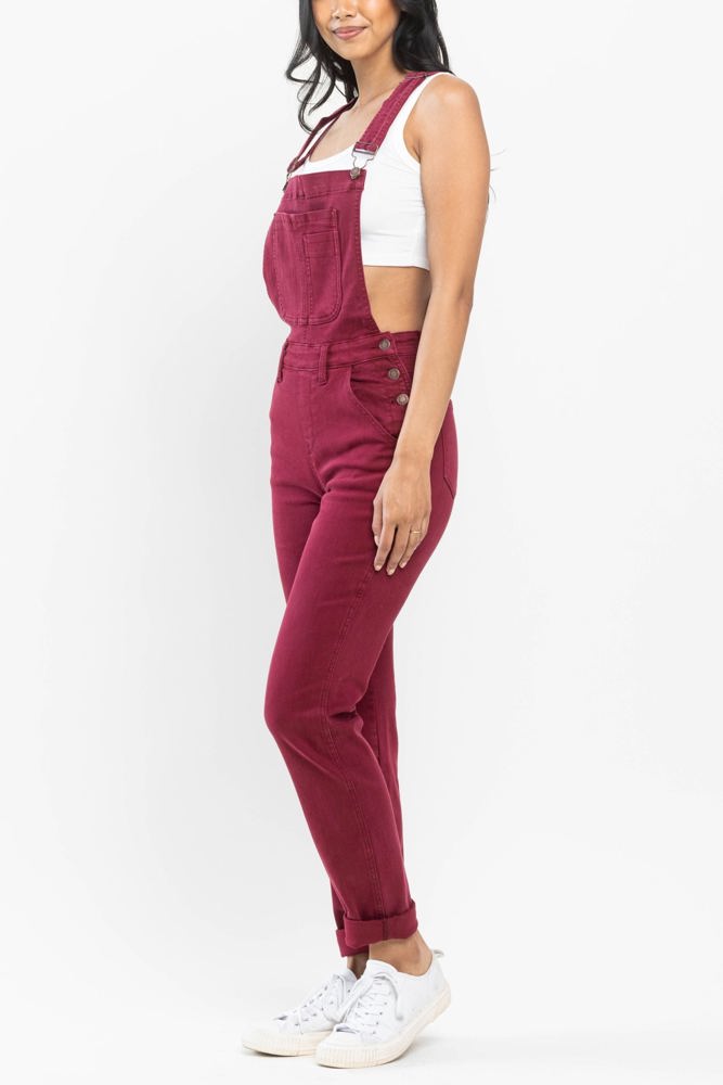 Judy Blue High Waist Garment Dyed Maroon Double Cuff Boyfriend Overall Denim 88712