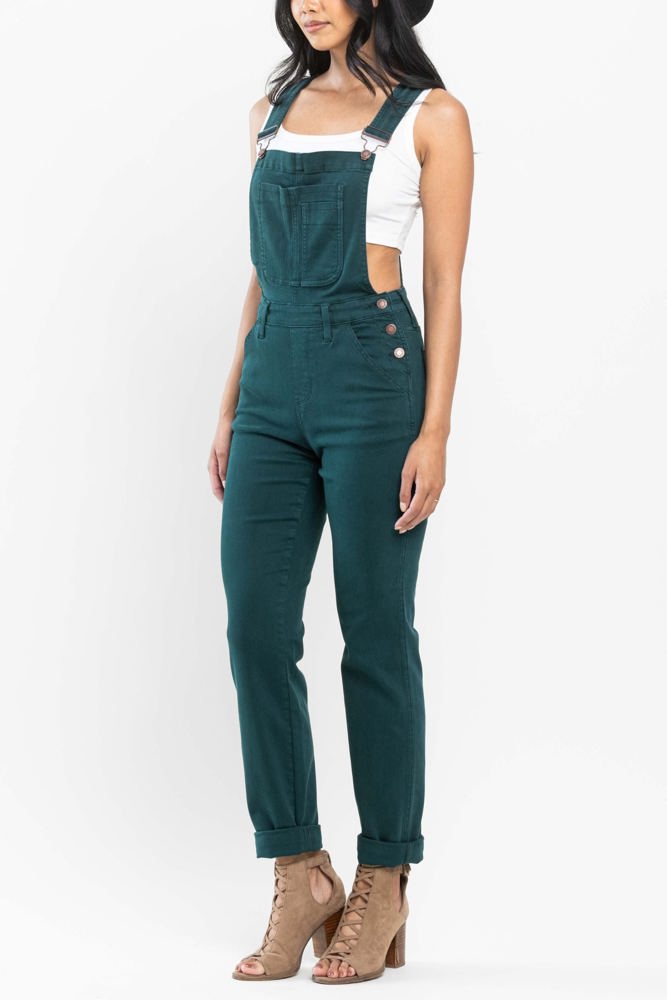 Judy Blue High Waist Garment Dyed Teal Double Cuff Boyfriend Overall Denim 88789