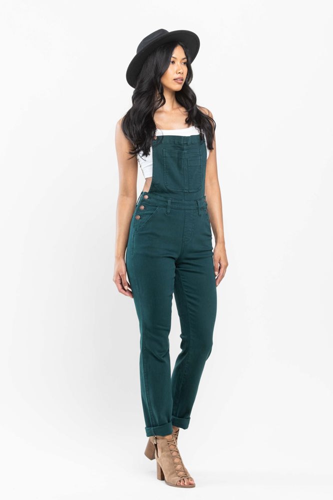 Judy Blue High Waist Garment Dyed Teal Double Cuff Boyfriend Overall Denim 88789