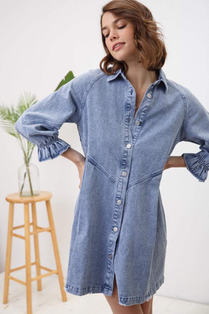 Blue B Washed Denim Puff 3/4 Sleeve Button Up Shirt Dress, Blue 22139D