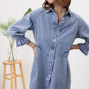  Blue B Washed Denim Puff 3/4 Sleeve Button Up Shirt Dress, Blue 22139D