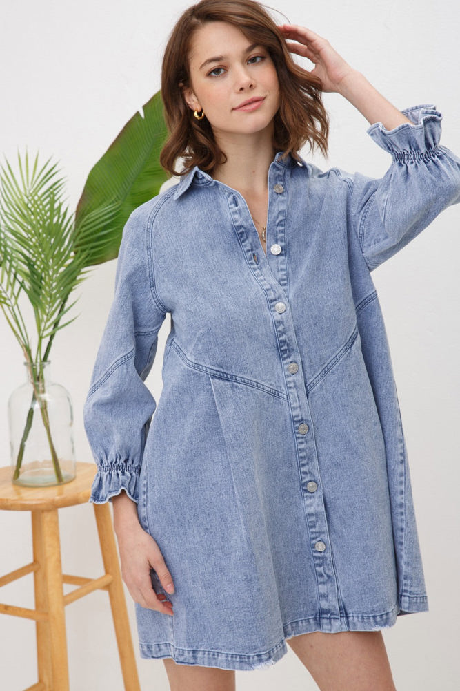 Blue B Washed Denim Puff 3/4 Sleeve Button Up Shirt Dress, Blue 22139D