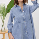  Blue B Washed Denim Puff 3/4 Sleeve Button Up Shirt Dress, Blue 22139D