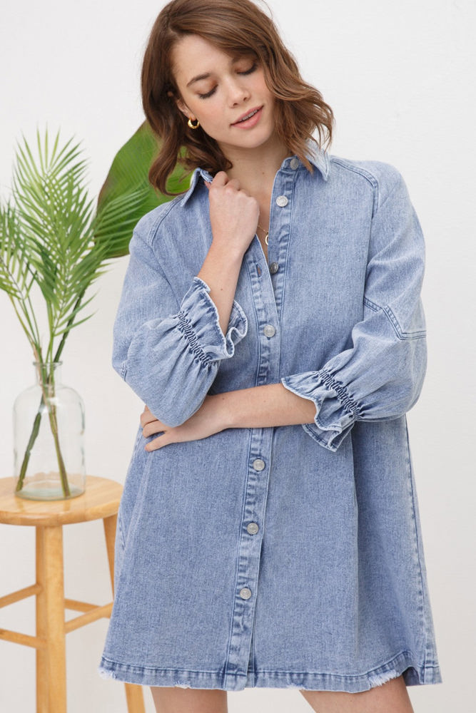 Blue B Washed Denim Puff 3/4 Sleeve Button Up Shirt Dress, Blue 22139D